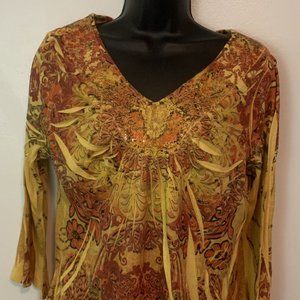 Cato Women's Blouse Shirt Large L Abstract Pattern Mustard Yellow Red Quarter